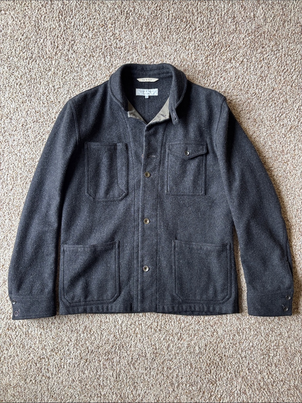 RARE Rag & Bone Men’s Charcoal Wool Flannel Chin Strap Chore Coat MIUSA 40 US M